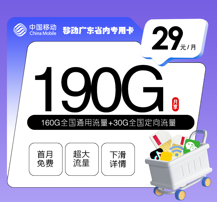 移动广东省内专用卡【两年29元190G流量】