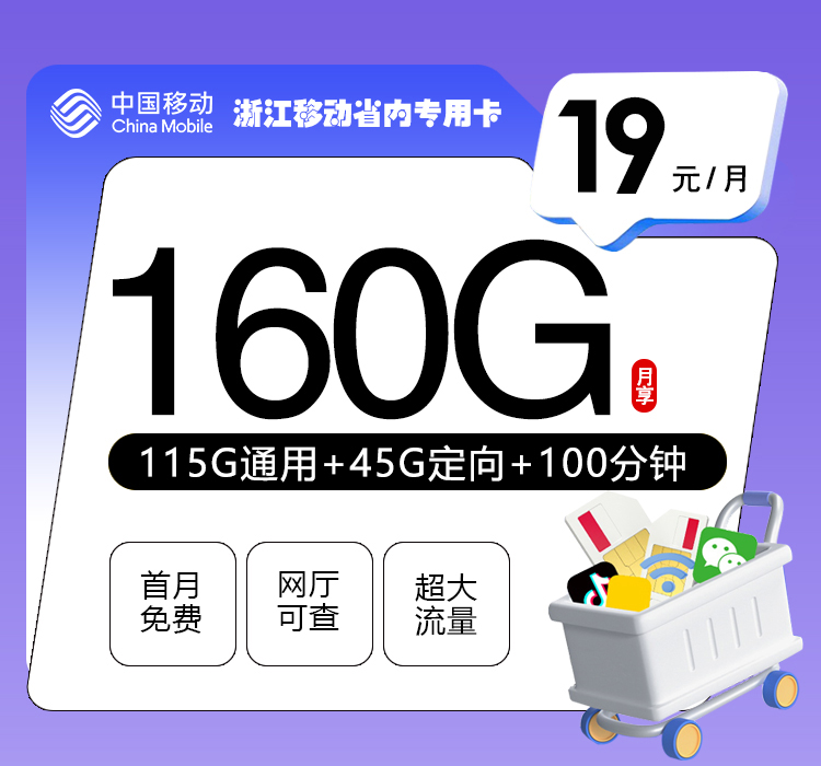 浙江移动省内专用卡【19元160G流量+100分钟】