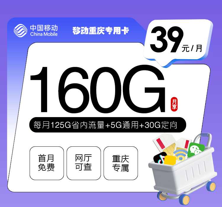 移动重庆专用卡【39元160G流量】