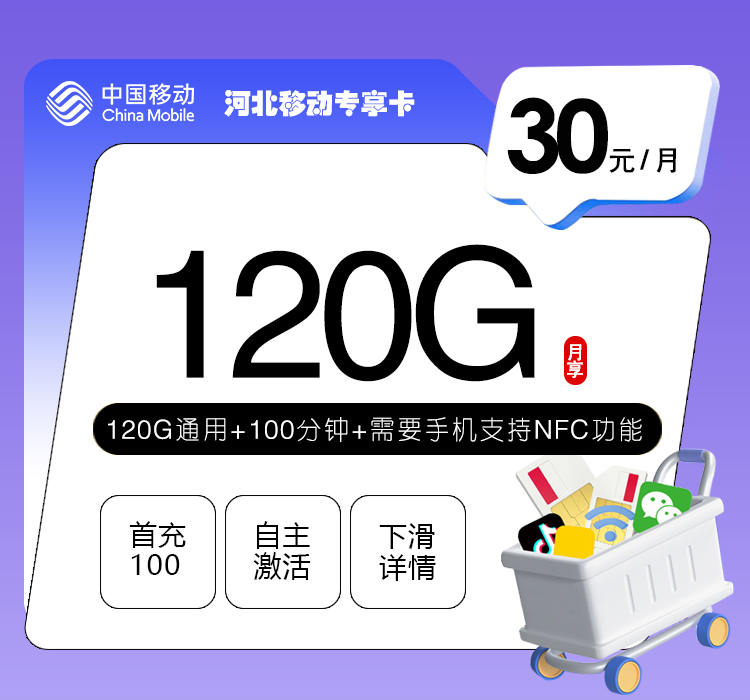 移动拉新套餐：河北移动专享卡【30元120G流量+100分钟】